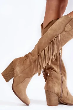 Outlet Boto Damskie Zamszowe Kozaki Kowbojki Lewski 3094/F Ciemnobeżowe