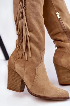 Outlet Boto Damskie Zamszowe Kozaki Kowbojki Lewski 3094/F Ciemnobeżowe