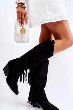 Boto Kozaki Wiosenne|Kozaki Przed Kolano*Damskie Zamszowe Kozaki Kowbojki Z Frędzlami Czarne Simplo