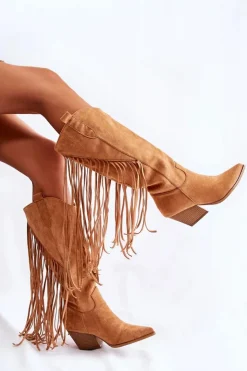 Boto Damskie Zamszowe Kozaki Kowbojki Z Frędzlami Camel Simplo