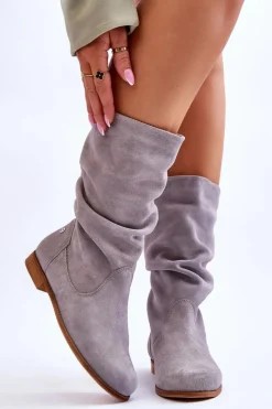 Maciejka Kozaki Płaskie|Kozaki Zamszowe*Damskie Zamszowe Kozaki 05057-13 Szare