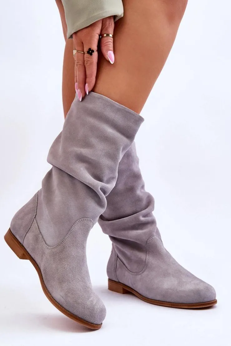 Maciejka Kozaki Płaskie|Kozaki Zamszowe*Damskie Zamszowe Kozaki 05057-13 Szare