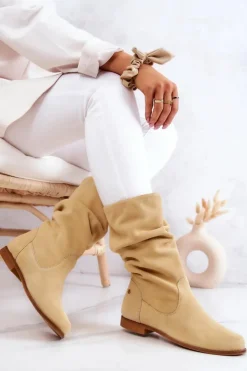 Maciejka Kozaki Płaskie|Kozaki Zamszowe*Damskie Zamszowe Kozaki 05057-07 Żółte