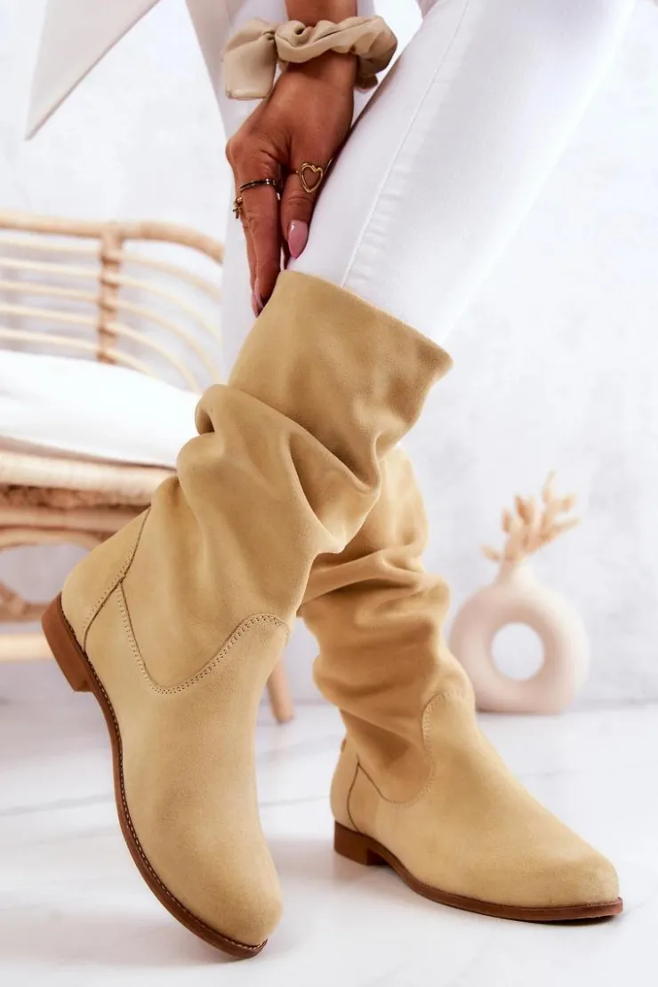 Maciejka Kozaki Płaskie|Kozaki Zamszowe*Damskie Zamszowe Kozaki 05057-07 Żółte