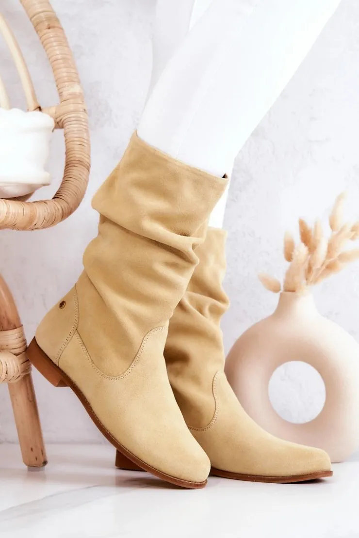 Maciejka Kozaki Płaskie|Kozaki Zamszowe*Damskie Zamszowe Kozaki 05057-07 Żółte