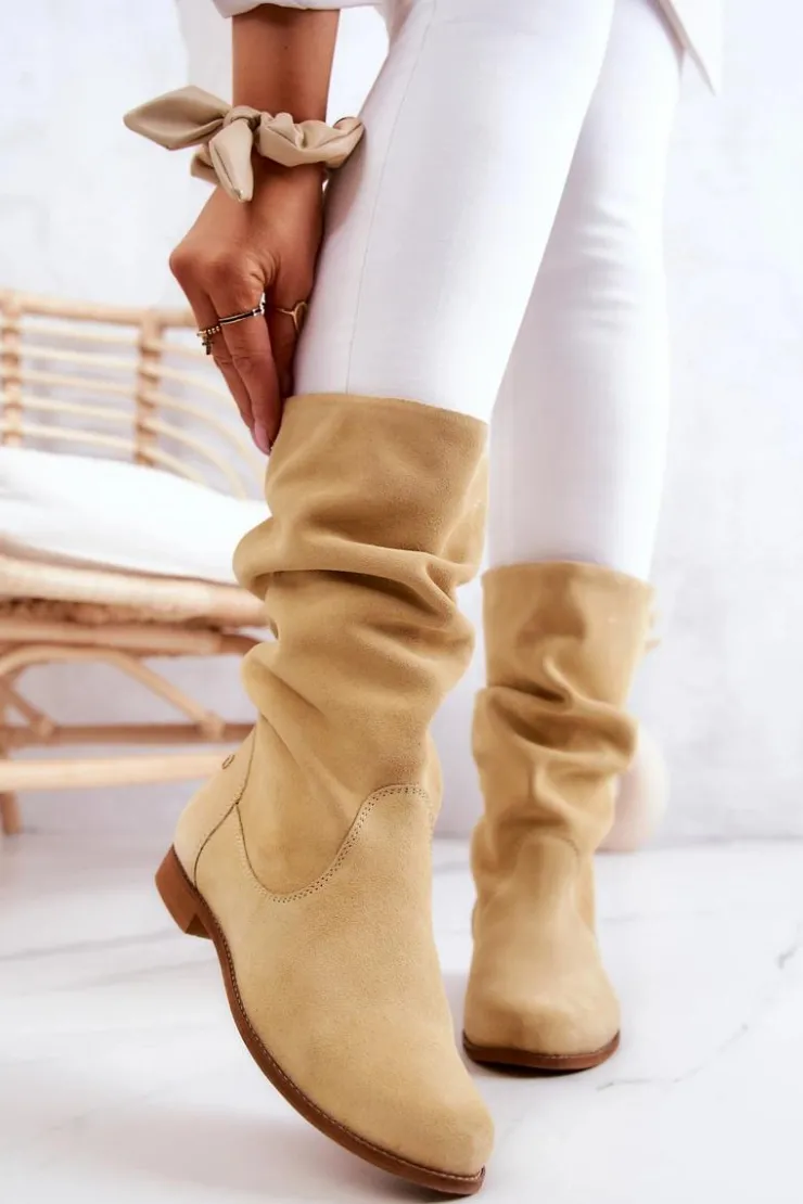 Maciejka Kozaki Płaskie|Kozaki Zamszowe*Damskie Zamszowe Kozaki 05057-07 Żółte