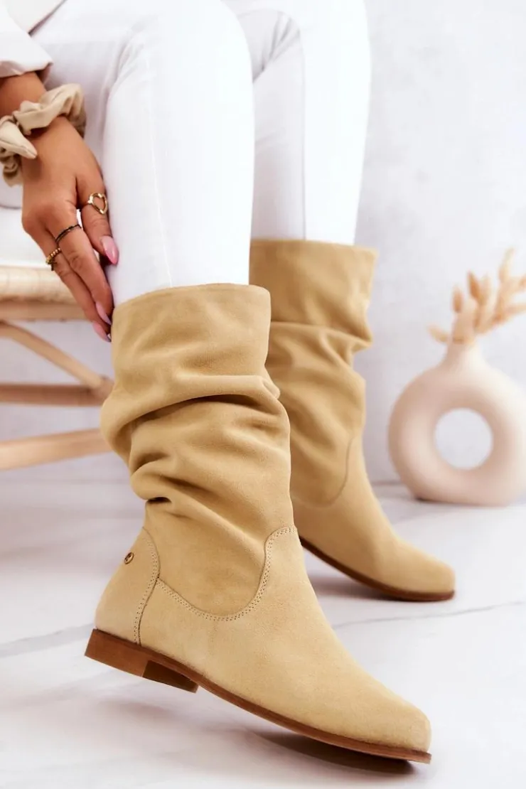 Maciejka Kozaki Płaskie|Kozaki Zamszowe*Damskie Zamszowe Kozaki 05057-07 Żółte