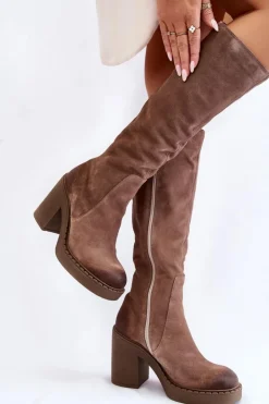 Hot Boto Damskie Zamszowe Kozaki Na Masywnym Słupku Jasnobrązowe Valeris