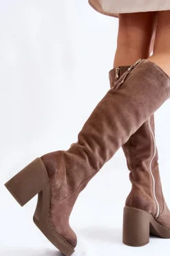 Hot Boto Damskie Zamszowe Kozaki Na Masywnym Słupku Jasnobrązowe Valeris