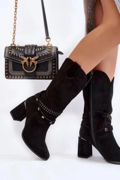 Damskie Boto Damskie Zamszowe Kozaki Na Obcasie Lewski Shoes 2934/B Czarne