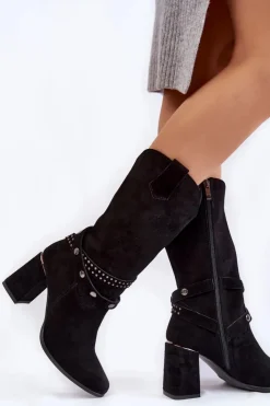 Damskie Boto Damskie Zamszowe Kozaki Na Obcasie Lewski Shoes 2934/B Czarne