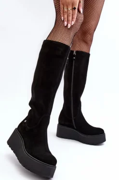 Damskie Maciejka Damskie Zamszowe Kozaki Na Koturnie 05767-01 Czarne