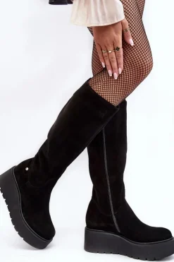 Damskie Maciejka Damskie Zamszowe Kozaki Na Koturnie 05767-01 Czarne