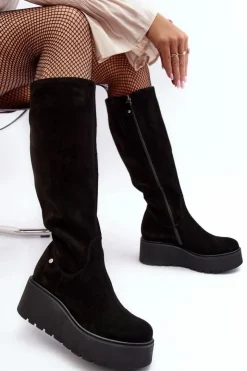 Damskie Maciejka Damskie Zamszowe Kozaki Na Koturnie 05767-01 Czarne