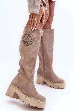 Damskie Boto Damskie Zamszowe Kozaki Przed Kolano Ciemnobeżowe Lewski 3367