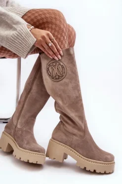 Damskie Boto Damskie Zamszowe Kozaki Przed Kolano Ciemnobeżowe Lewski 3367