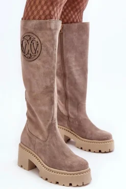 Damskie Boto Damskie Zamszowe Kozaki Przed Kolano Ciemnobeżowe Lewski 3367