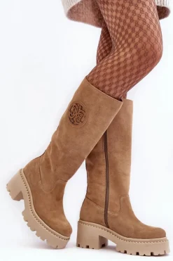 Damskie Boto Damskie Zamszowe Kozaki Przed Kolano Beżowe Lewski 3367