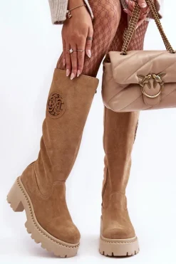 Damskie Boto Damskie Zamszowe Kozaki Przed Kolano Beżowe Lewski 3367