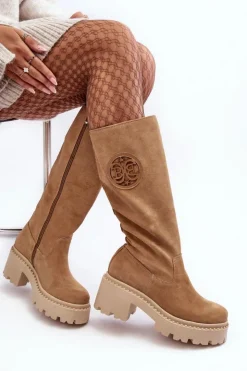 Damskie Boto Damskie Zamszowe Kozaki Przed Kolano Beżowe Lewski 3367