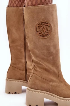 Damskie Boto Damskie Zamszowe Kozaki Przed Kolano Beżowe Lewski 3367