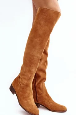 Hot Boto Damskie Zamszowe Kozaki Za Kolano Na Płaskim Obcasie Camel Hewanella