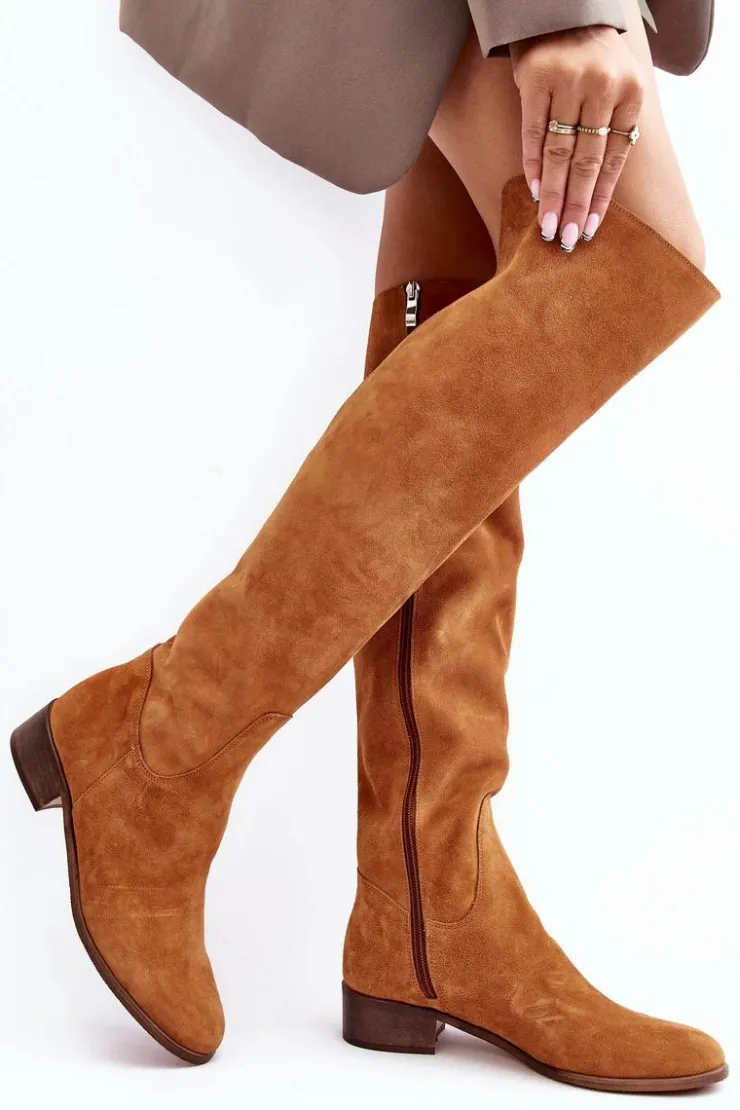 Hot Boto Damskie Zamszowe Kozaki Za Kolano Na Płaskim Obcasie Camel Hewanella