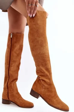 Hot Boto Damskie Zamszowe Kozaki Za Kolano Na Płaskim Obcasie Camel Hewanella