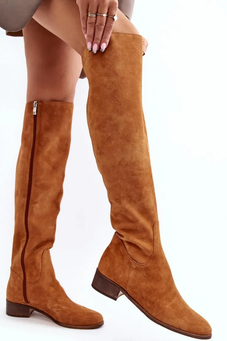 Hot Boto Damskie Zamszowe Kozaki Za Kolano Na Płaskim Obcasie Camel Hewanella