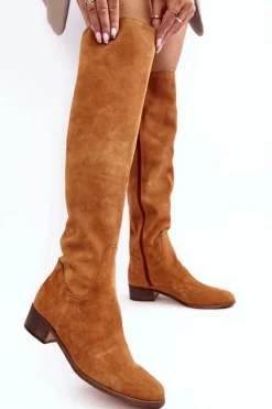 Hot Boto Damskie Zamszowe Kozaki Za Kolano Na Płaskim Obcasie Camel Hewanella