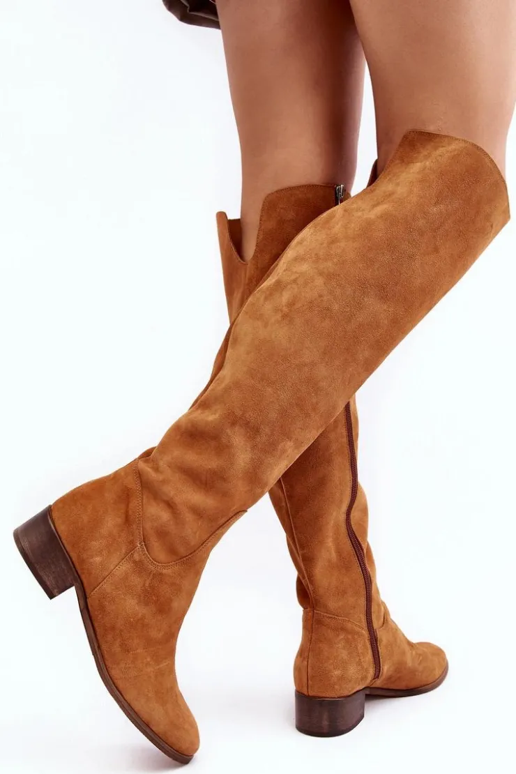 Hot Boto Damskie Zamszowe Kozaki Za Kolano Na Płaskim Obcasie Camel Hewanella