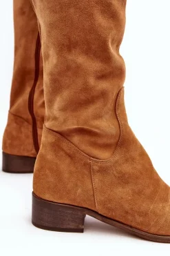 Hot Boto Damskie Zamszowe Kozaki Za Kolano Na Płaskim Obcasie Camel Hewanella
