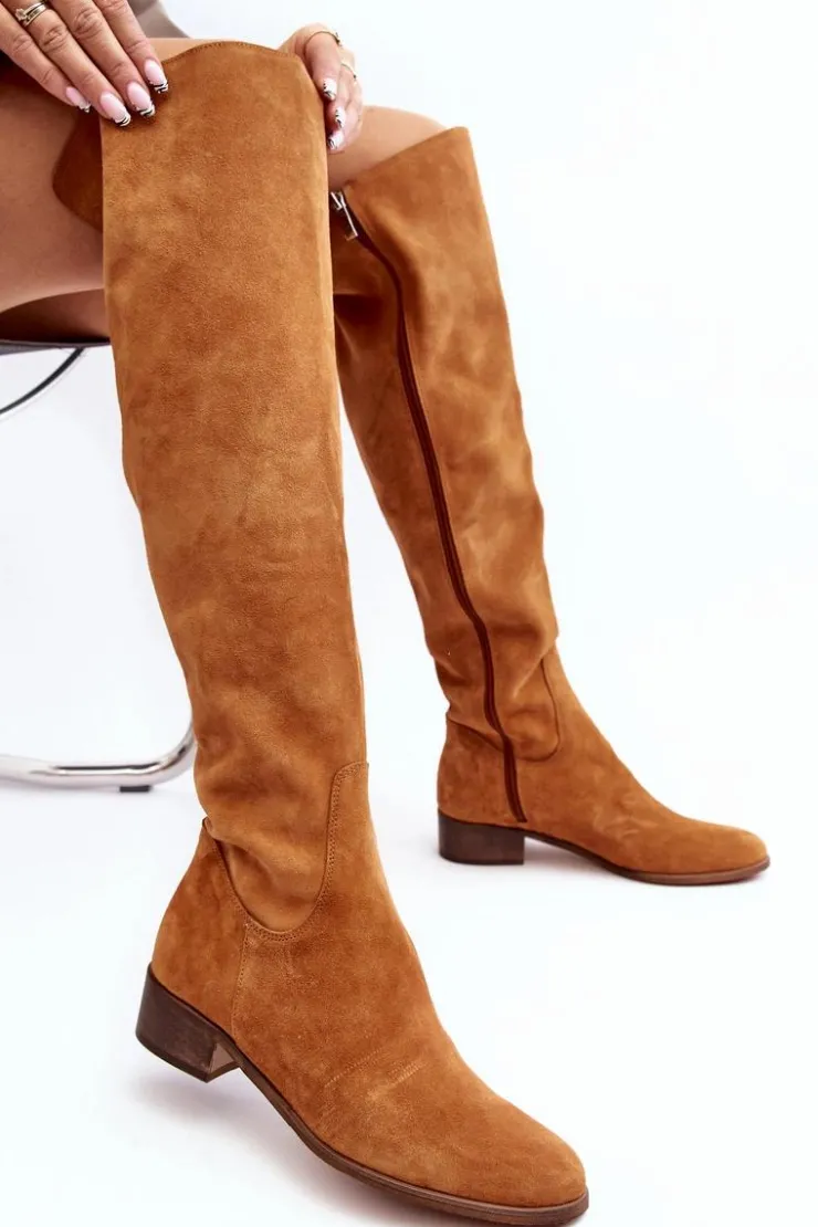 Hot Boto Damskie Zamszowe Kozaki Za Kolano Na Płaskim Obcasie Camel Hewanella