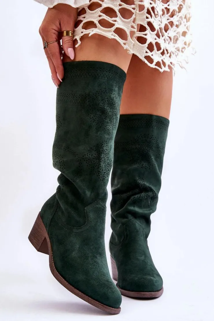 Sale Boto Damskie Zamszowe Kozaki Z Ażurowym Wzorem Zielone Enrissa