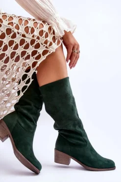 Sale Boto Damskie Zamszowe Kozaki Z Ażurowym Wzorem Zielone Enrissa