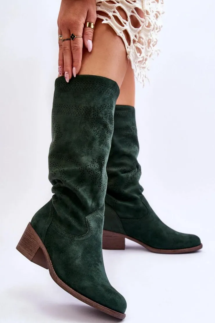 Sale Boto Damskie Zamszowe Kozaki Z Ażurowym Wzorem Zielone Enrissa