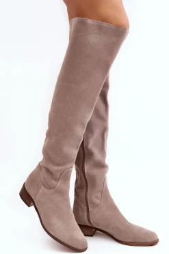 Boto Muszkieterki|Kozaki Za Kolano*Damskie Zamszowe Kozaki Za Kolano Na Płaskim Obcasie Beżowe Hewanella