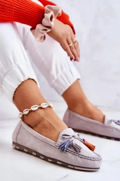 Outlet Boto Damskie Zamszowe Mokasyny Szare Wilessa