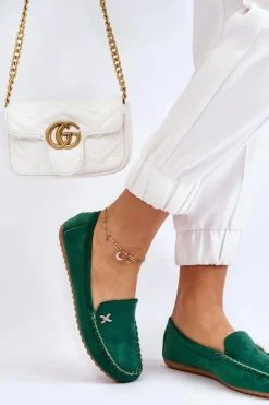 Damskie Boto Damskie Zamszowe Mokasyny Z Ozdobą Zielone Leah