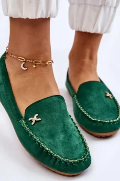 Damskie Boto Damskie Zamszowe Mokasyny Z Ozdobą Zielone Leah