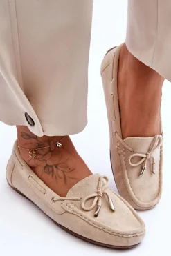 Outlet Boto Damskie Zamszowe Mokasyny Beżowe Si Passione Beżowy