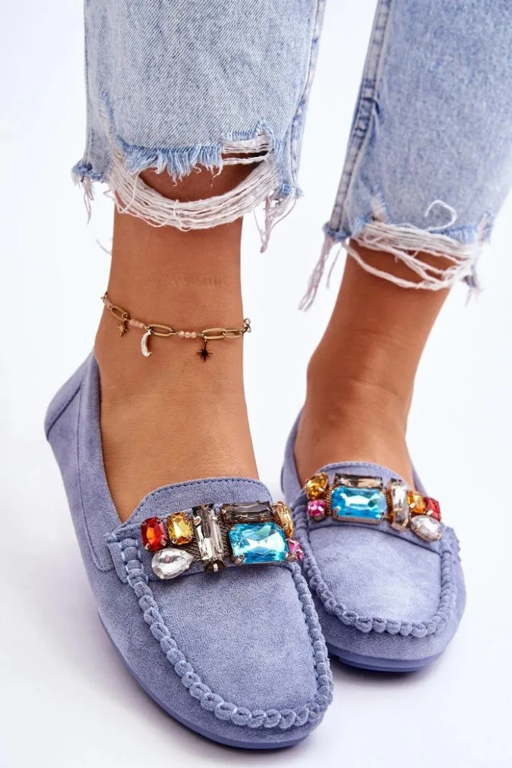 Evento Loafersy Damskie|Mokasyny Damskie Zamszowe*Damskie Zamszowe Mokasyny Z Kryształkami e Lucille Niebieski