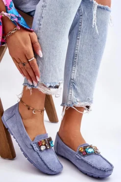 Evento Loafersy Damskie|Mokasyny Damskie Zamszowe*Damskie Zamszowe Mokasyny Z Kryształkami e Lucille Niebieski