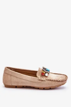 Damskie Evento Damskie Zamszowe Mokasyny Z Kryształkami Beżowe Lucille