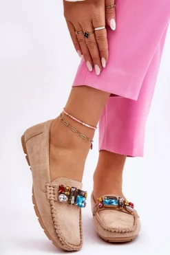 Damskie Evento Damskie Zamszowe Mokasyny Z Kryształkami Beżowe Lucille