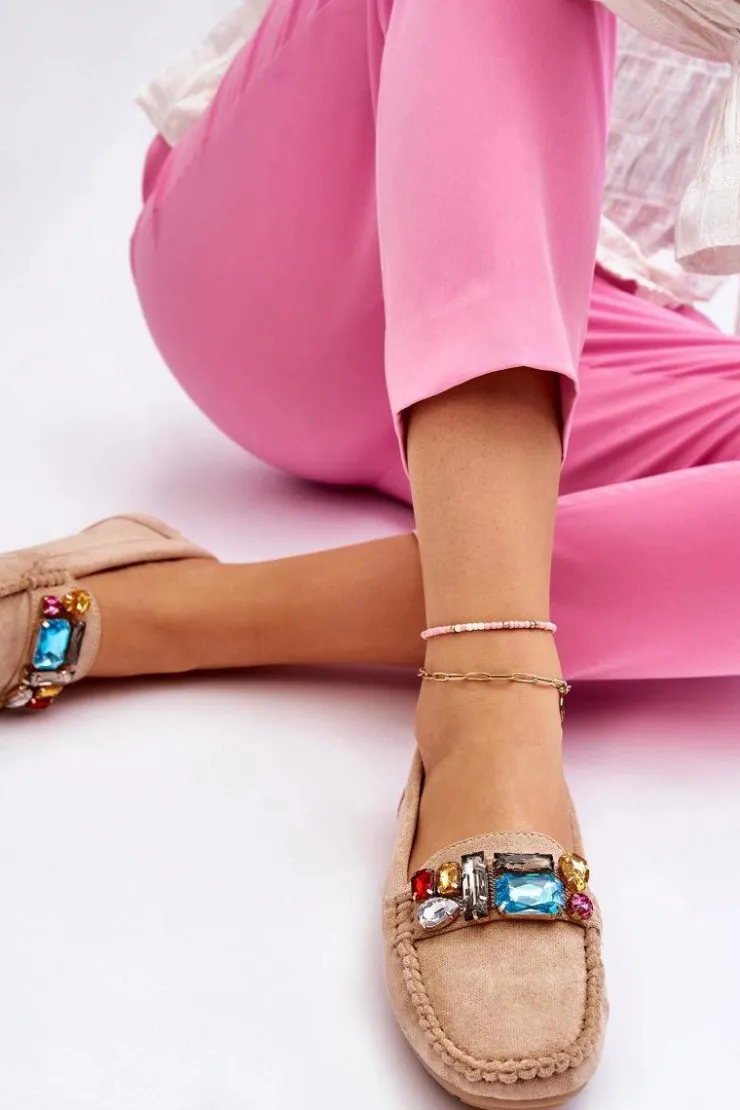 Damskie Evento Damskie Zamszowe Mokasyny Z Kryształkami Beżowe Lucille