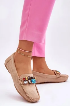 Damskie Evento Damskie Zamszowe Mokasyny Z Kryształkami Beżowe Lucille