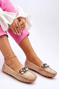 Damskie Evento Damskie Zamszowe Mokasyny Z Kryształkami Beżowe Lucille