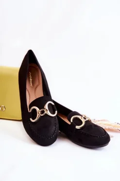 Boto Damskie Zamszowe Mokasyny Z Ozdobą Czarne Reality