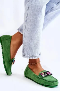 Damskie Boto Damskie Zamszowe Mokasyny Z Ozdobami Zielone Janetta